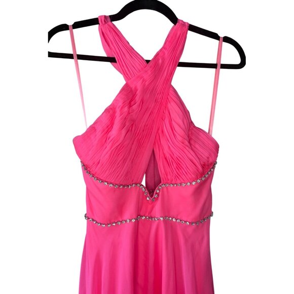 Mac Duggal RARE Hot Pink High-Low Gown Halter Neck Tiered Slit Skirt Size 2 - Picture 3 of 16